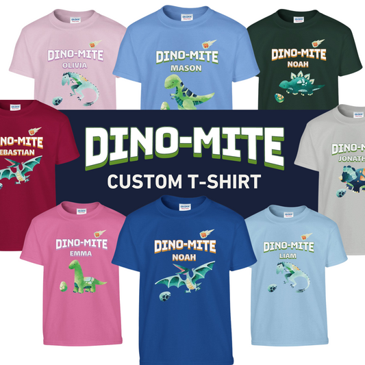 DINO-MITE Custom Name | Dinosaur T-shirt | Classic Kids Crewneck T-shirt | Gildan® 5000B - Little Love Love