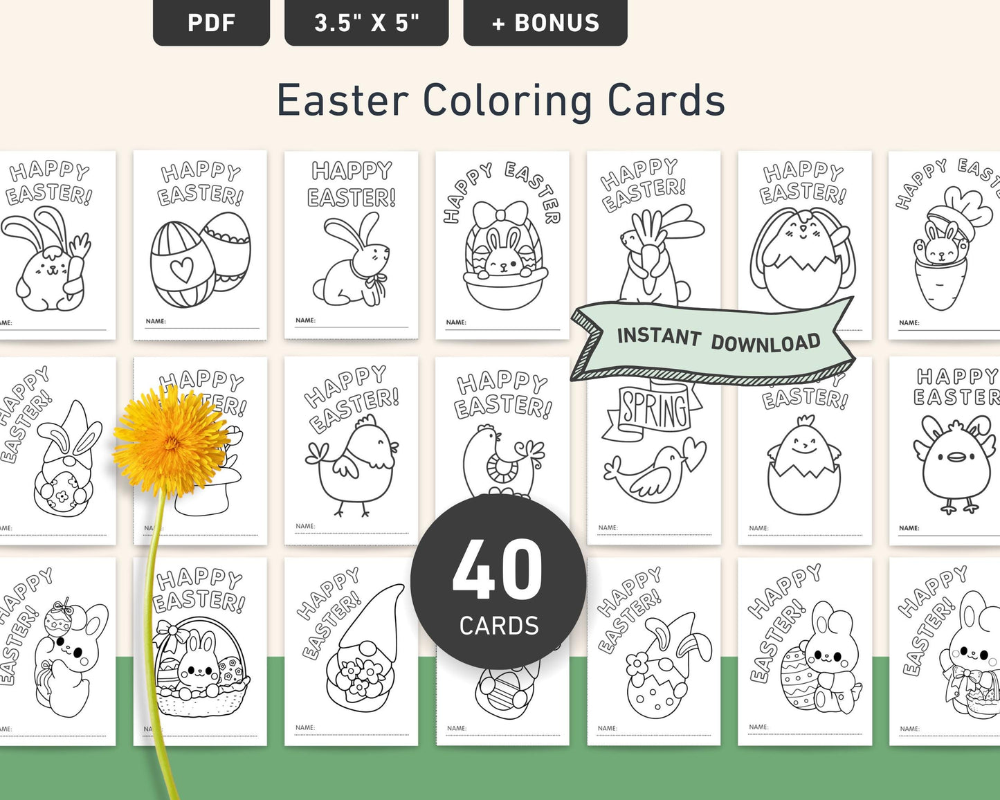 Printable Easter Coloring Cards With 40 Fun Designs - Classroom Easter Kids Activity - Happy Easter Card Spring Coloring -  Digital Download - Little Love Love