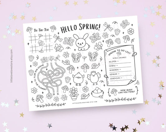 Spring games paper placemats for Kids | Puzzle & Coloring Activity - Little Love Love