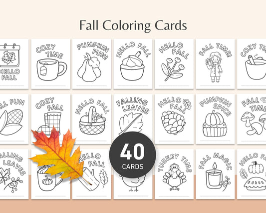 Fall / Autumn Coloring Cards For Kids Activity | 40 Unique Designs - Little Love Love