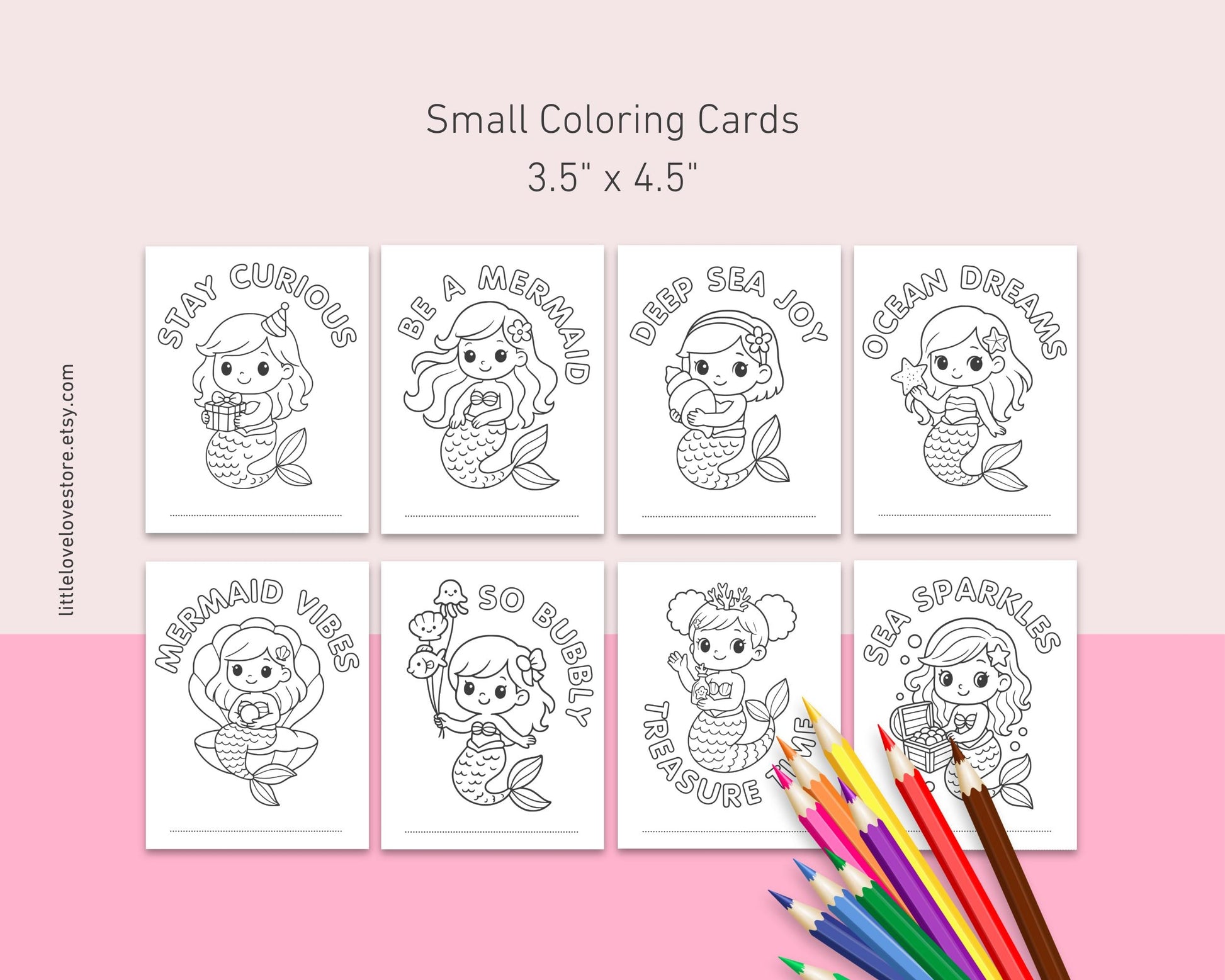 40 Mermaid Coloring Cards for Kids | Bold And Easy Kawaii Coloring for Mermaid Birthday - Little Love Love