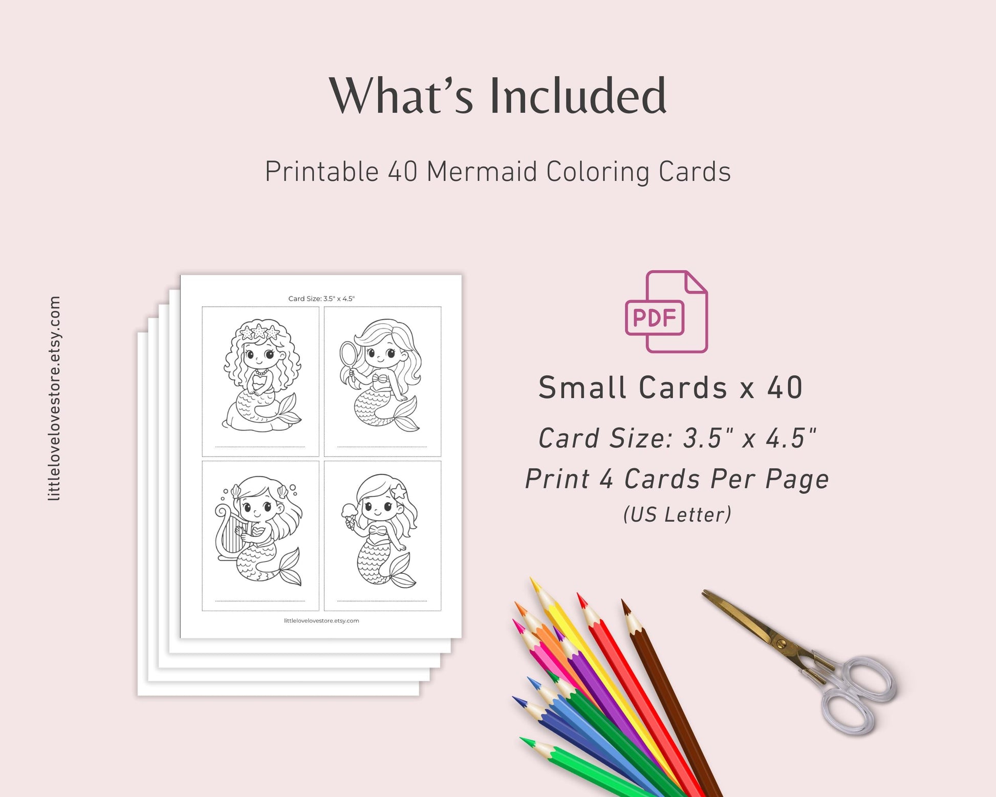 40 Mermaid Coloring Cards for Kids | Bold And Easy Kawaii Coloring for Mermaid Birthday - Little Love Love