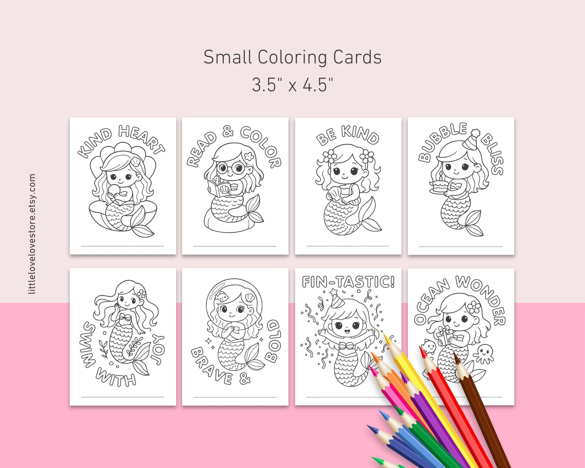 40 Mermaid Coloring Cards for Kids | Bold And Easy Kawaii Coloring for Mermaid Birthday - Little Love Love