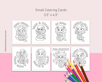 40 Mermaid Coloring Cards for Kids | Bold And Easy Kawaii Coloring for Mermaid Birthday - Little Love Love
