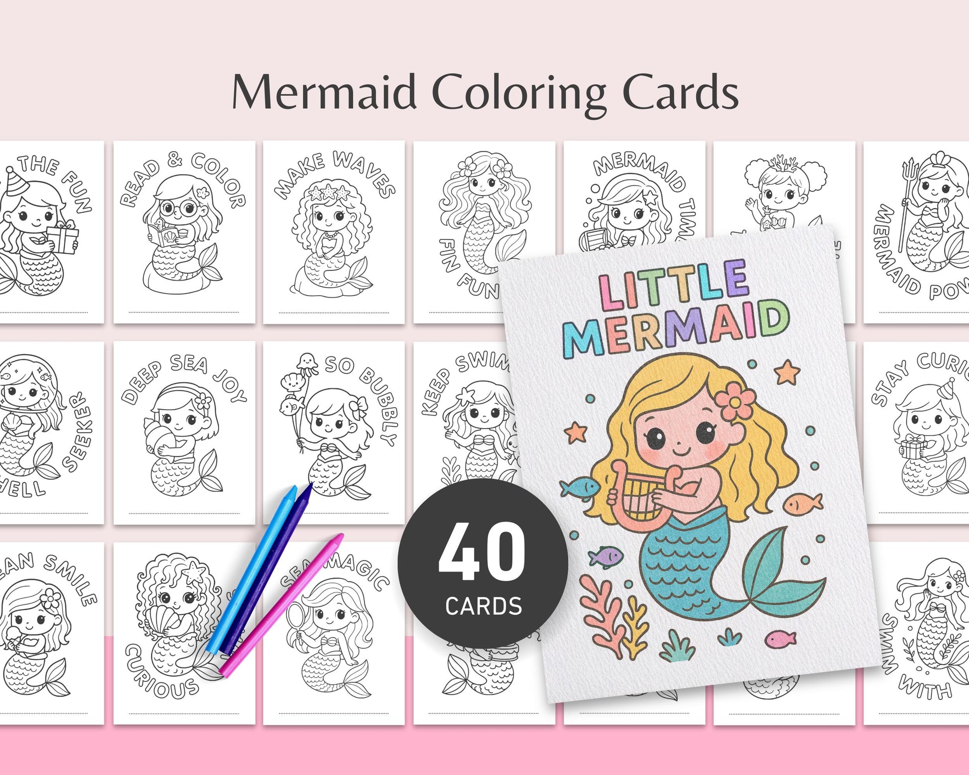 40 Mermaid Coloring Cards for Kids | Bold And Easy Kawaii Coloring for Mermaid Birthday - Little Love Love